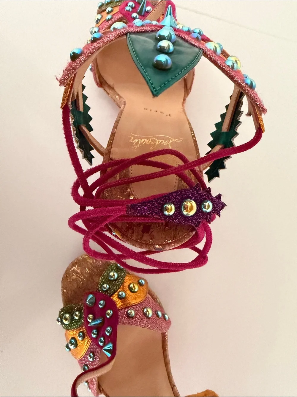 Women's Embellished Lace-Up Sandals - Pink & Teal - Picture 5 of 5